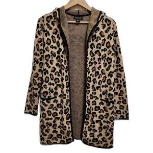 Rachel Zoe Cardigan Sweater Womens XS Leopard Print Hooded Pockets Open Longline